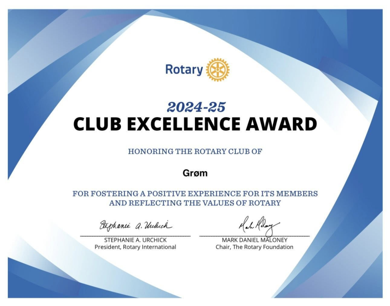 Grøm Rotaryklubb hedret med Rotary Club Excellence Award!